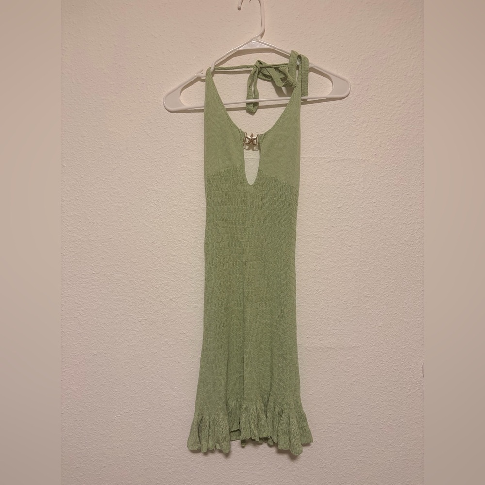 Light Green Halter Mini Dress with Ruffle Hem